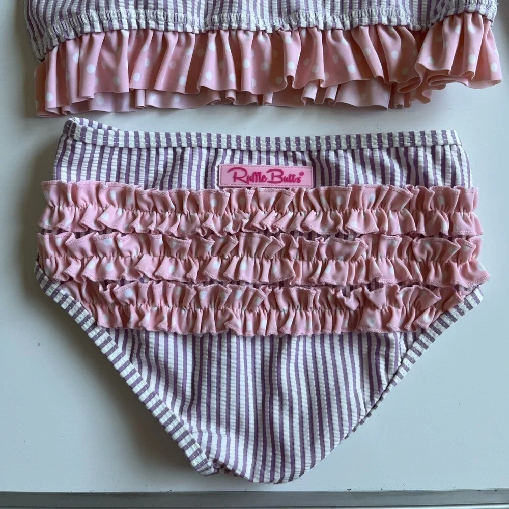 Ruffle Butts Pink and White Rashguard Swim Set